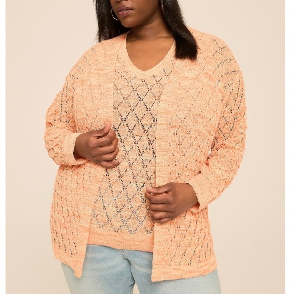 NWT Lane Bryant Set Open Front Stitch Cardigan Tank 26/28 Cantaloupe Space Dye